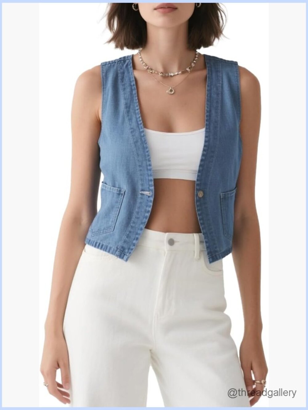 Sleeveless Denim Vest with V-Neck and Pockets